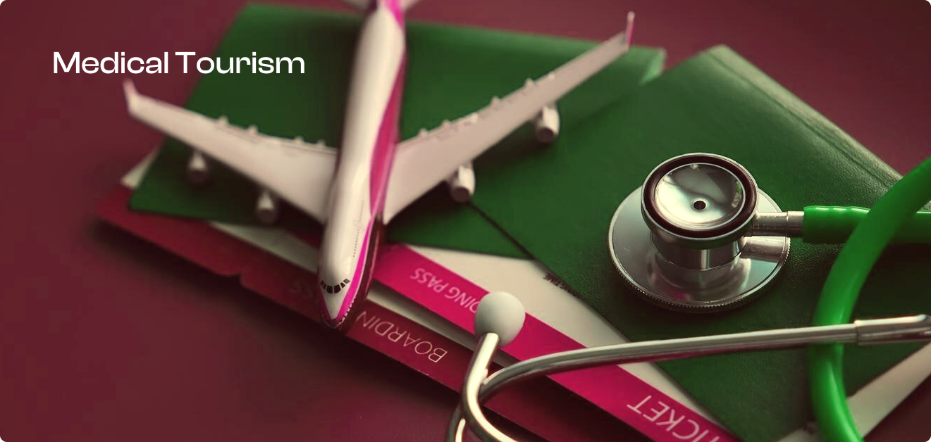 Medical tourism concept with airplane passport and stethoscope