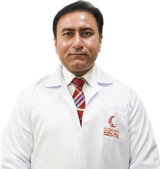 A professional portrait of Dr. Muhammad Zakria, who is wearing a white lab coat with a red and gray striped tie and a tie clip. A "Saleem Memorial Hospital" logo is embroidered on the pocket of his lab coat.