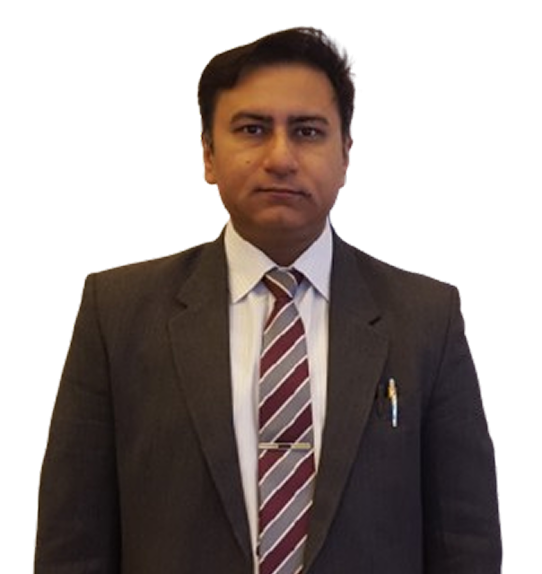 A professional headshot of a male doctor in a gray suit and a red and blue striped tie.