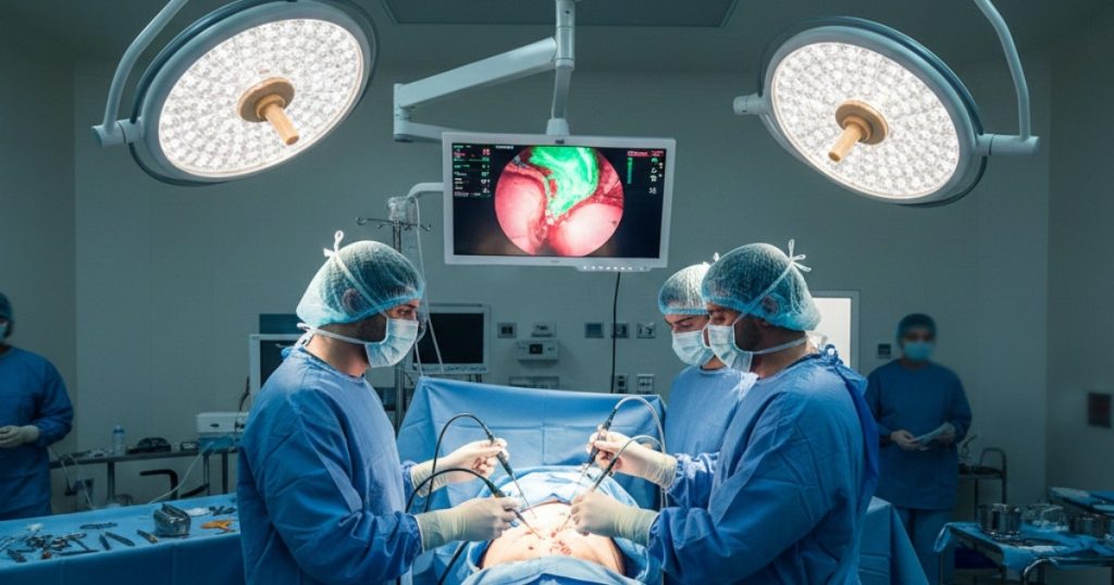 Surgical team performing minimally invasive cancer surgery in operation theatre