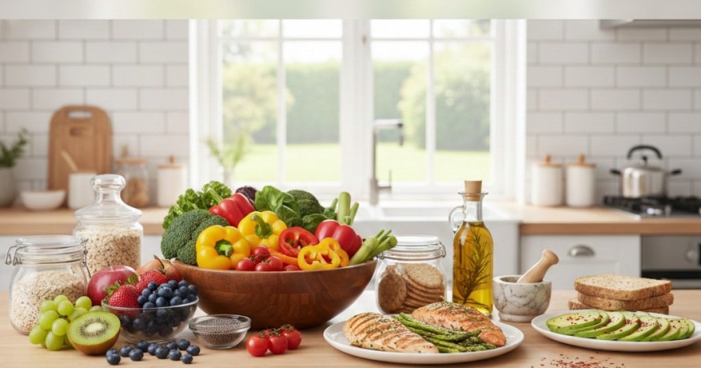 A wide variety of healthy foods on a wooden kitchen counter, featuring a bowl of colorful peppers and broccoli, fresh berries, sliced avocado, grilled chicken breast with asparagus, and salmon.