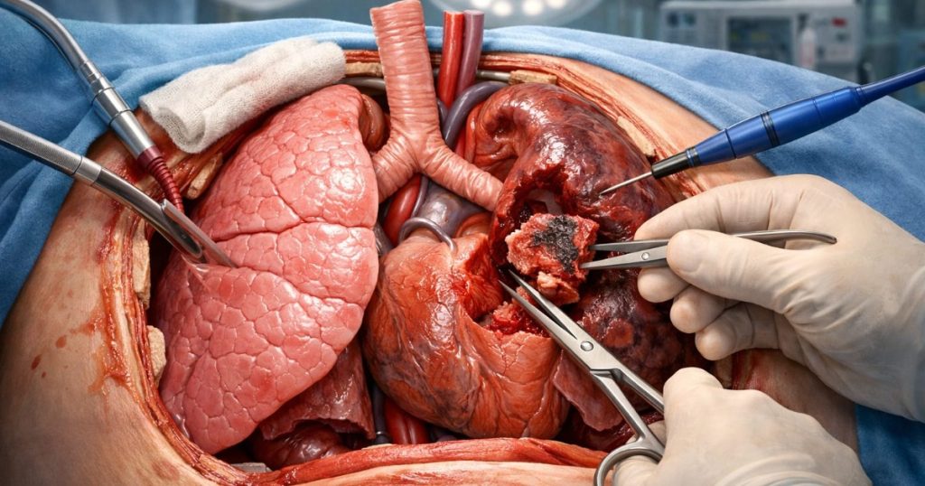 Surgical removal of lung tumor during open thoracic cancer surgery