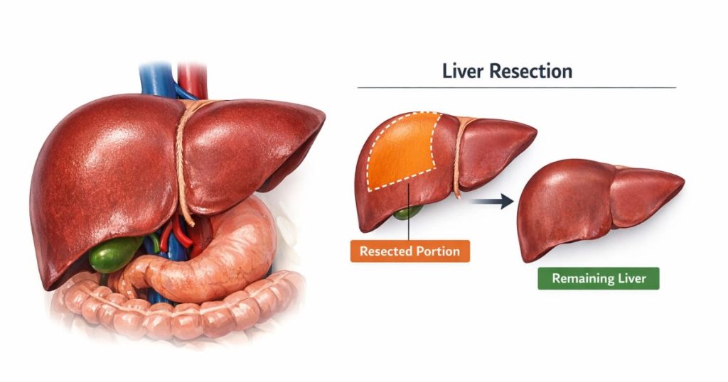 Liver resection surgery removing diseased liver portion