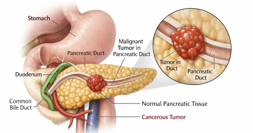 Pancreatic cancer tumor in pancreatic duct illustration