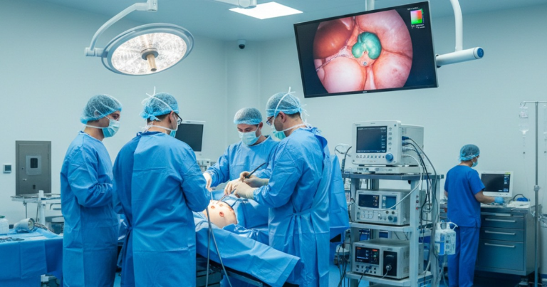 Doctors performing laparoscopic cancer surgery in advanced operation theatre