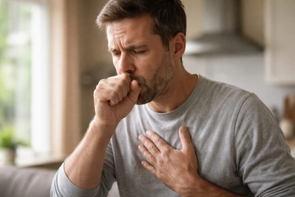 A middle-aged man in a grey shirt looking distressed, with one hand over his mouth as he coughs and the other hand pressed against his chest in discomfort.