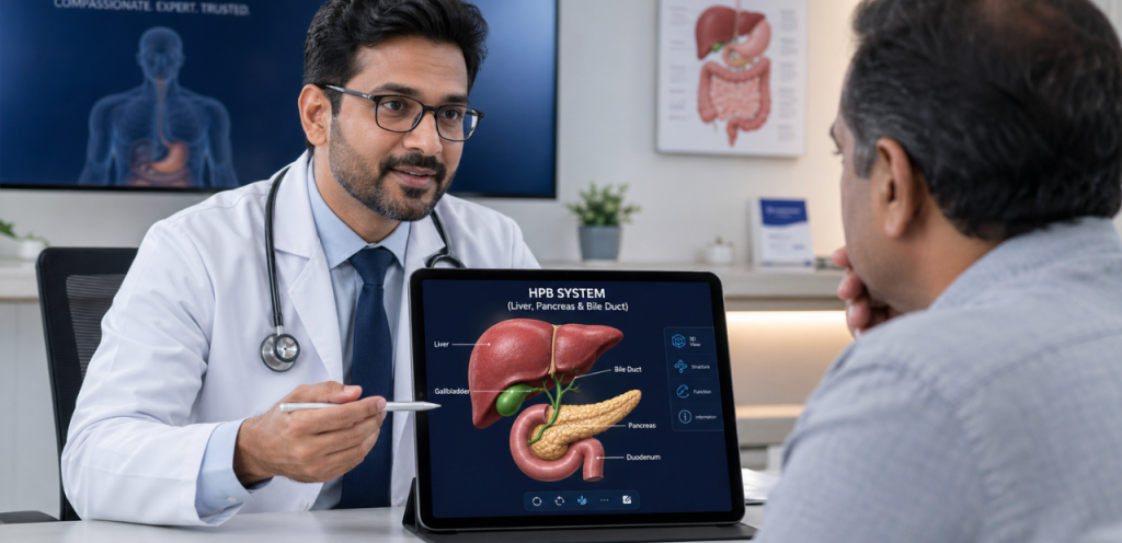 Doctor explaining liver pancreas and bile duct (HPB system) using 3D model during patient consultation in modern clinic
