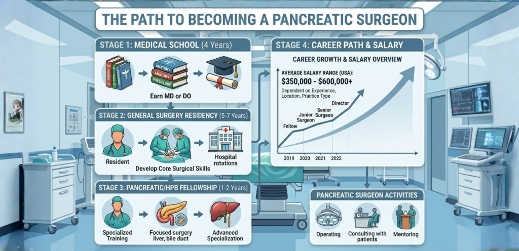 “Career path to become a pancreatic surgeon including training and salary stages”