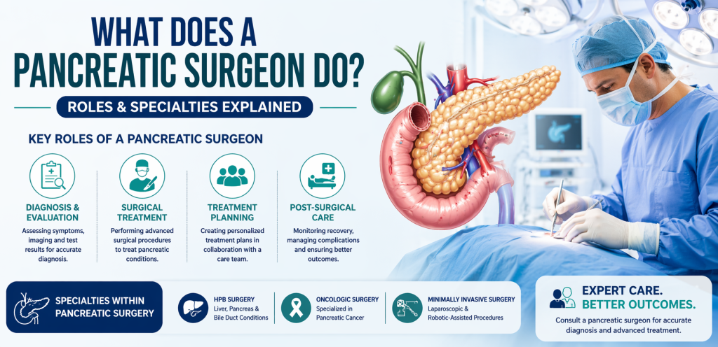 “Pancreatic surgeon performing surgery with roles and specialties explained”