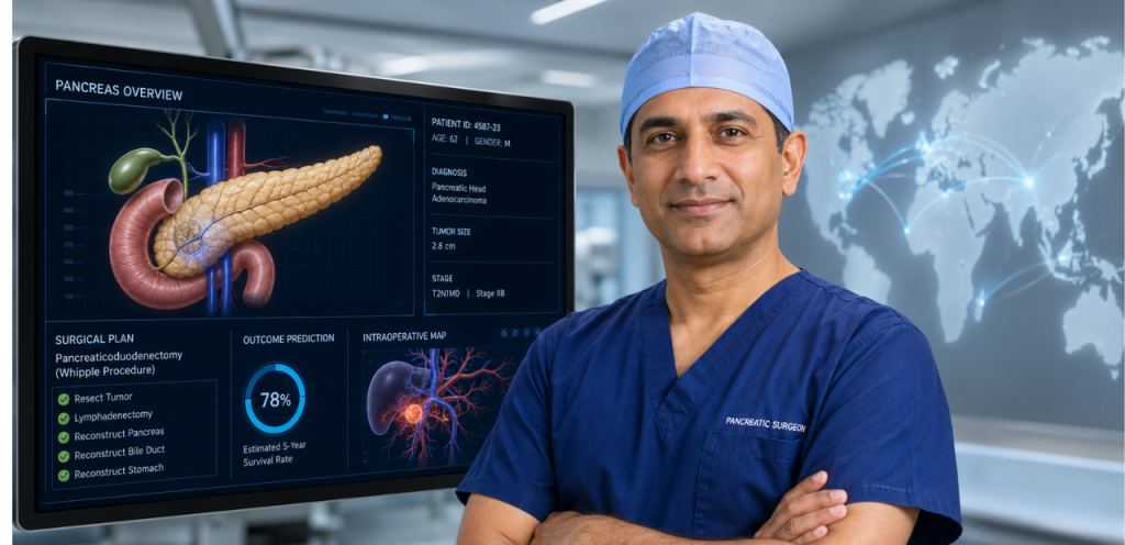 “Top pancreatic surgeons in modern hospital with advanced pancreas surgery technology”