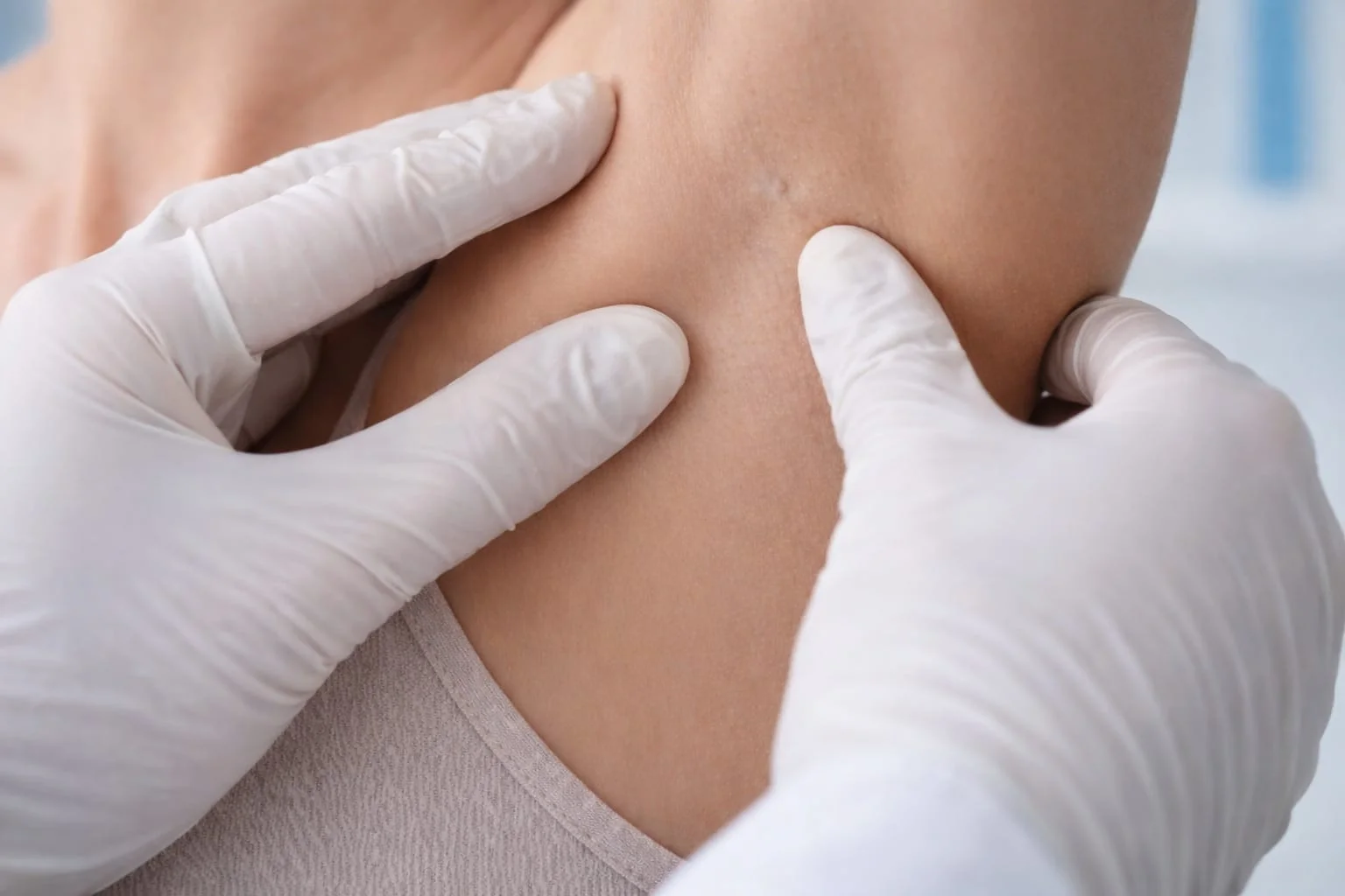 (Cancer Warning Signs)A close-up of a clinician wearing white gloves performing a physical examination of a patient's armpit area, checking for abnormalities or lumps.
