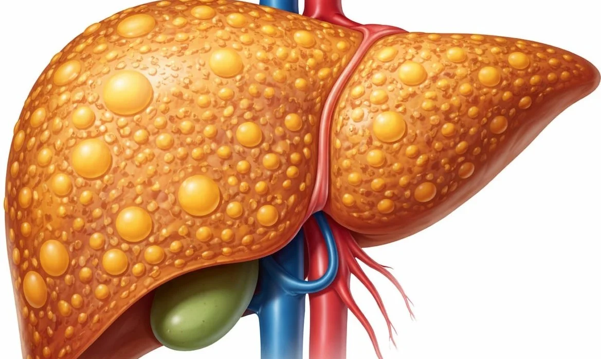 Fatty liver disease medical illustration showing liver fat buildup
