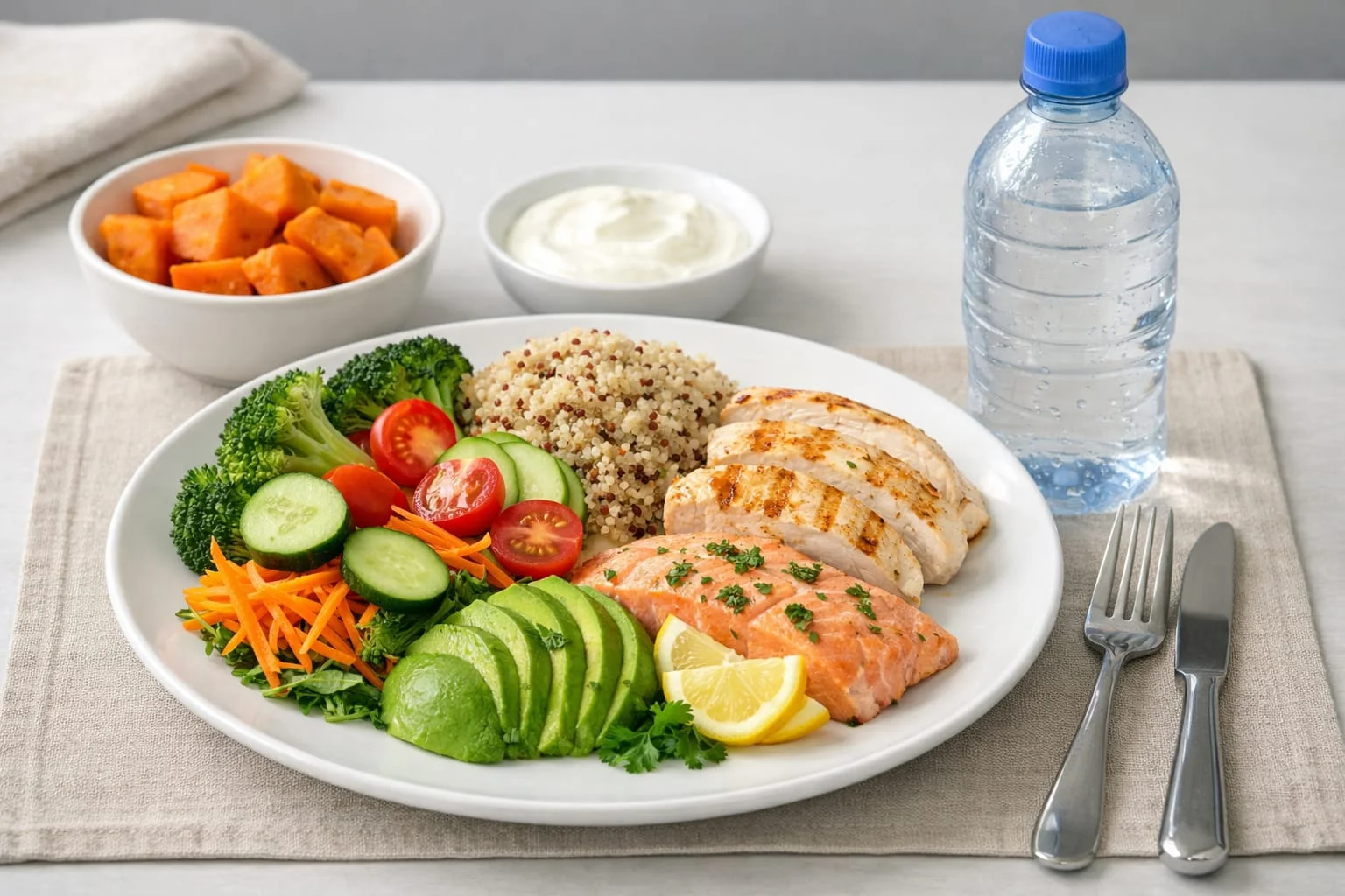 (Liver resection aftercare)A white plate featuring a balanced meal of grilled salmon, sliced grilled chicken breast, a scoop of quinoa, and sliced avocado. It is accompanied by a fresh salad of broccoli, tomatoes, cucumbers, and shredded carrots. Side bowls contain roasted sweet potatoes and Greek yogurt, with a water bottle nearby.