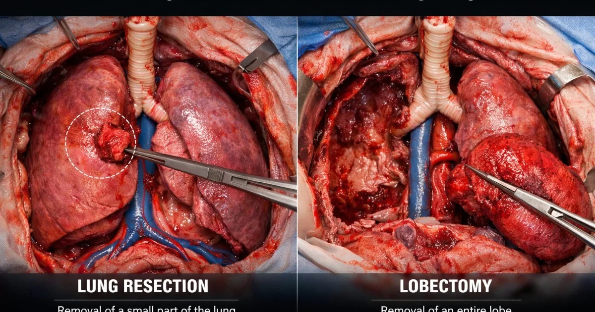 Lung Resection vs. Lobectomy - A side-by-side clinical comparison showing a lung resection (removal of a small part of the lung) on the left and a lobectomy (removal of an entire lobe) on the right